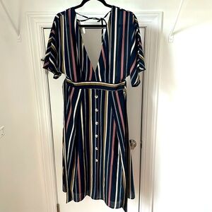 Chic multi-striped dress with open back details. Size M. NWT. Aline shape.